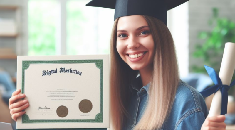 Image of a student holding a digital marketing degree certificate, symbolizing success in the online world